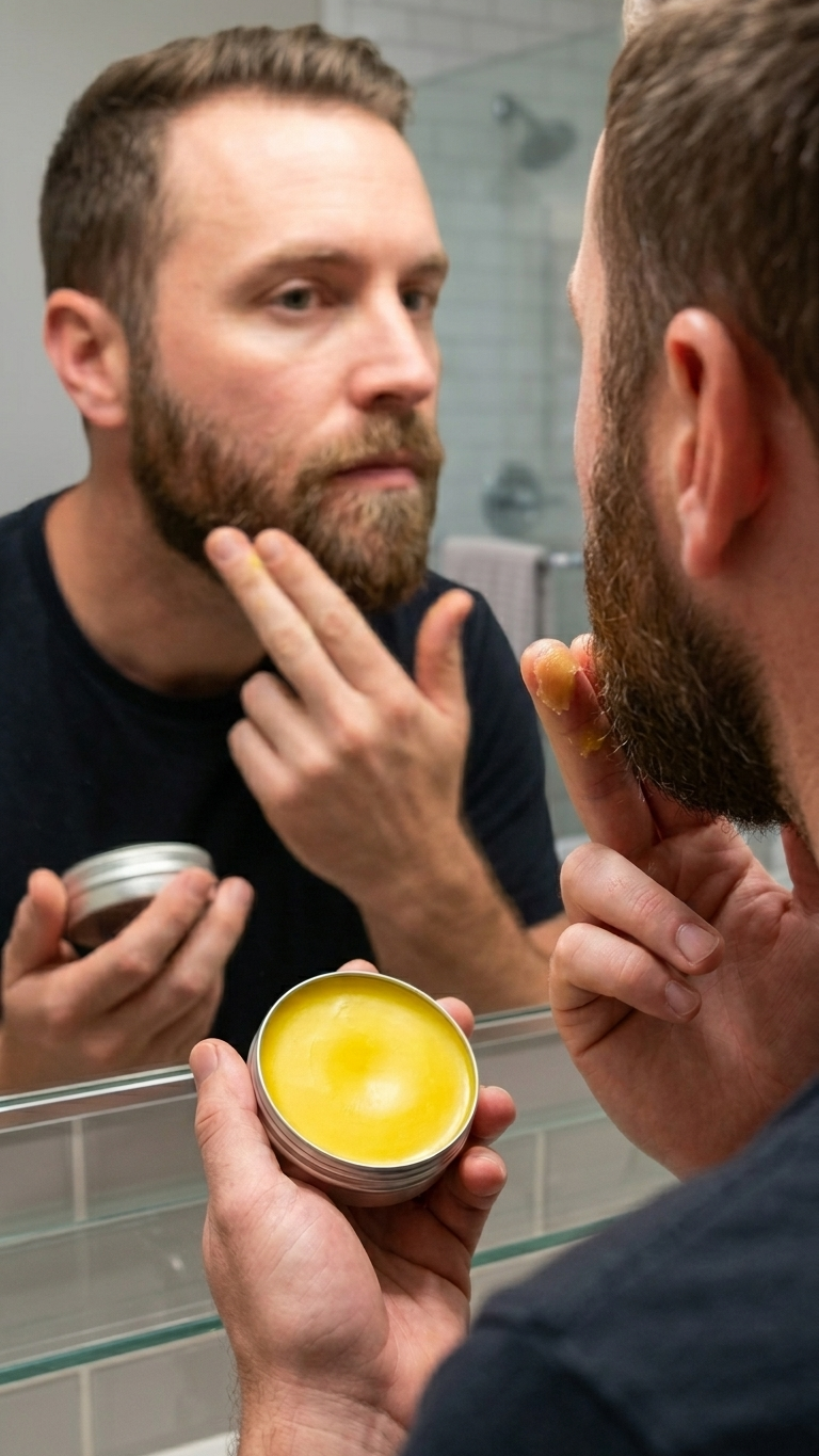 "Kentucky Bourbon Beard Balm texture close-up hydrating beard conditioner by Denny Cozmetics"