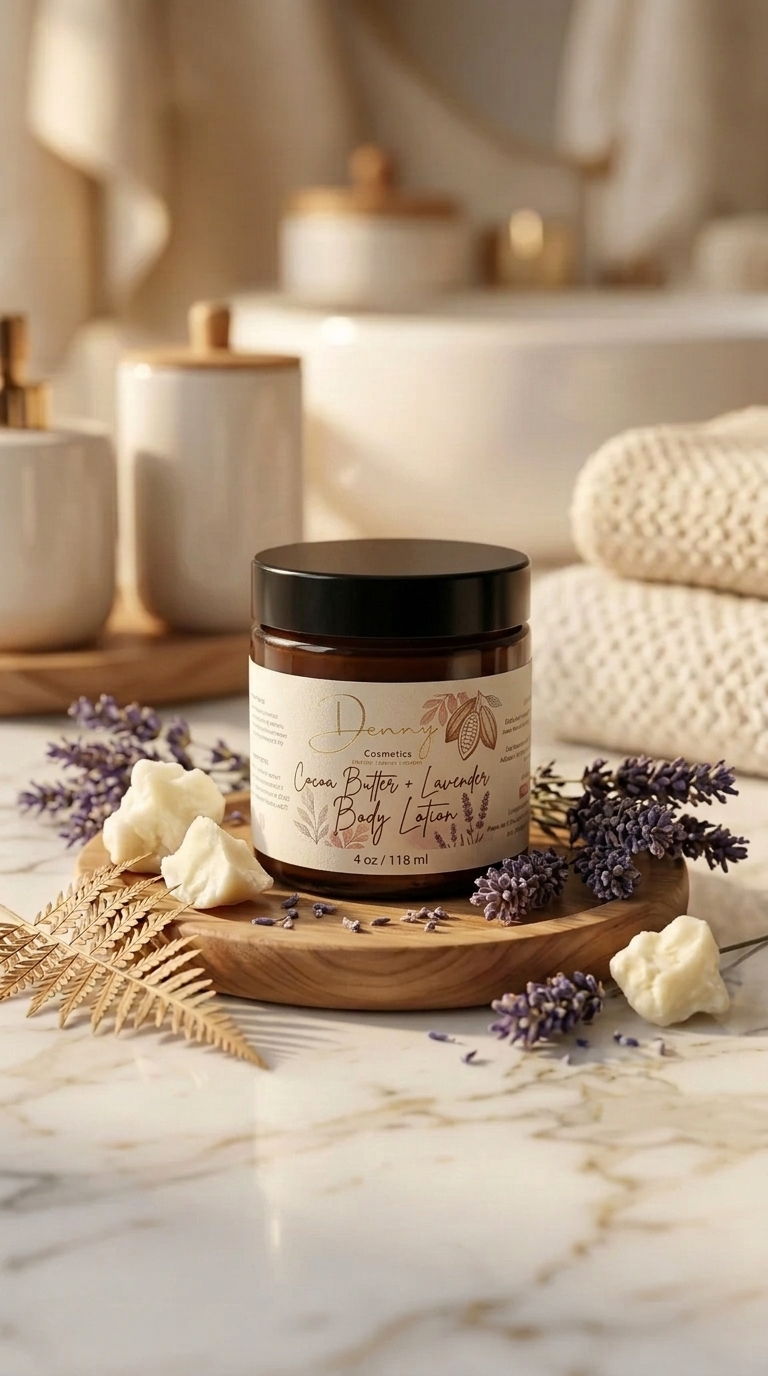 Denny Cozmetics Cocoa Butter + Lavender Body Lotion in a 4 oz jar