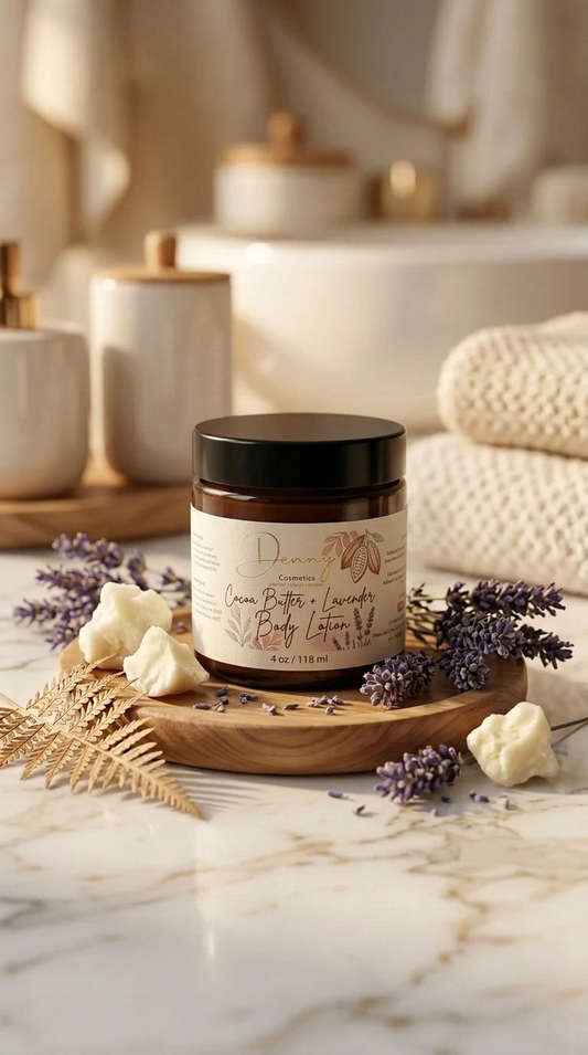 Denny Cozmetics Cocoa Butter + Lavender Body Lotion in a 4 oz jar