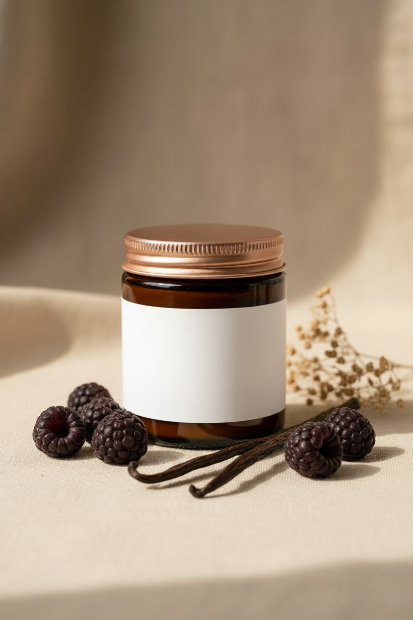 Body Lotion Sample lifestyle photo with warm linen background and botanicals by Denny Cozmetics