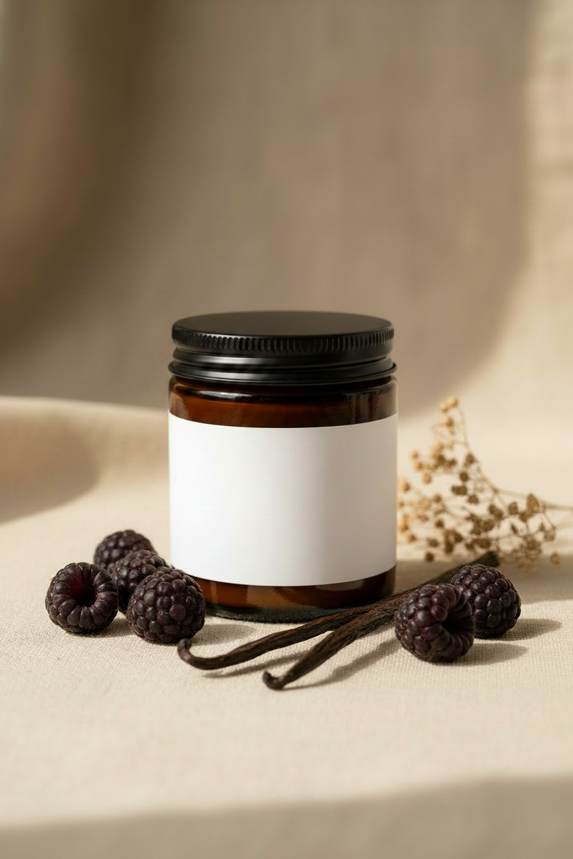 Body Lotion Sample with black lid, warm linen background and botanicals by Denny Cozmetics