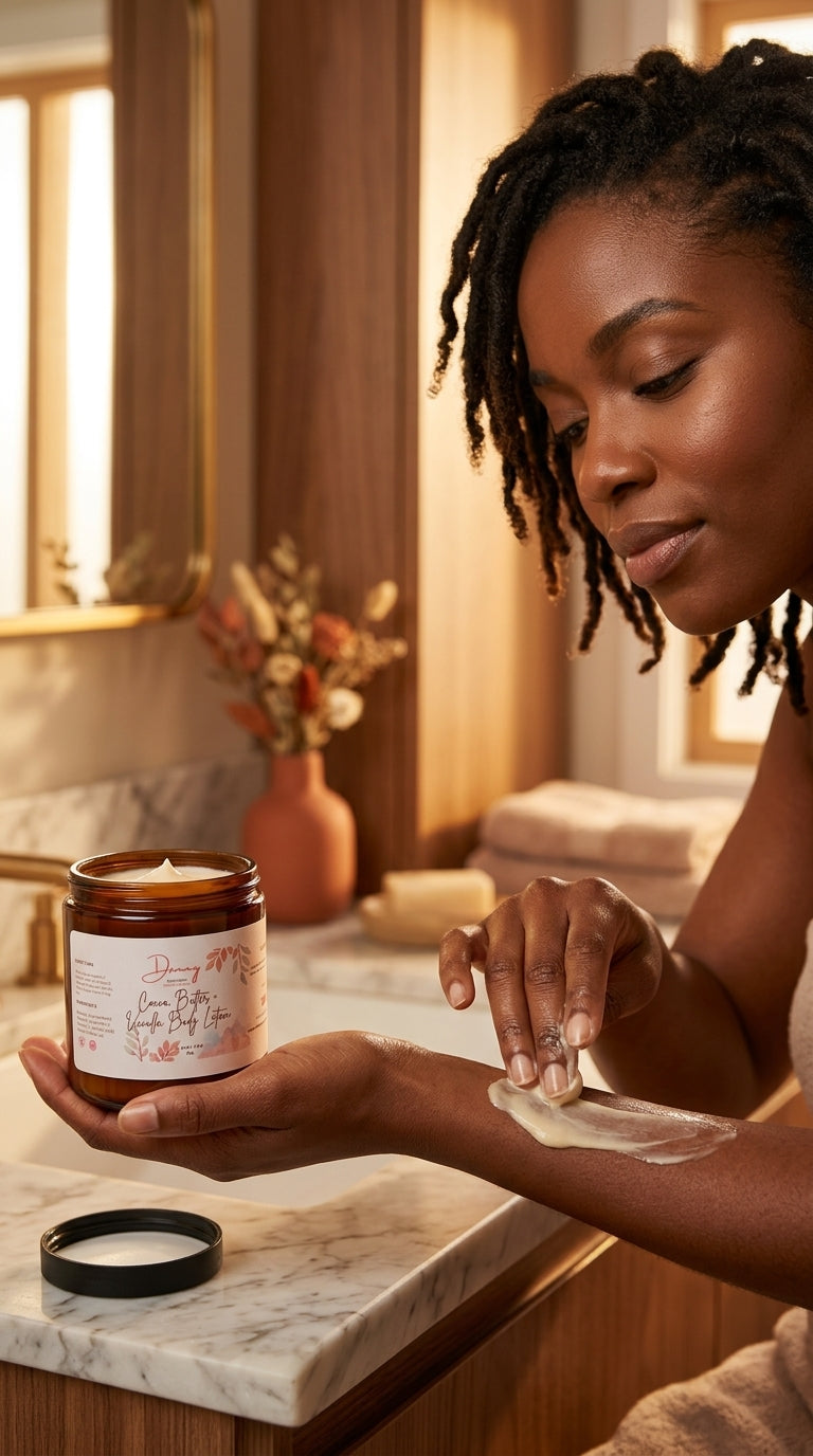 "Cocoa Butter and Vanilla Body Lotion texture close-up for dry skin by Denny Cozmetics"