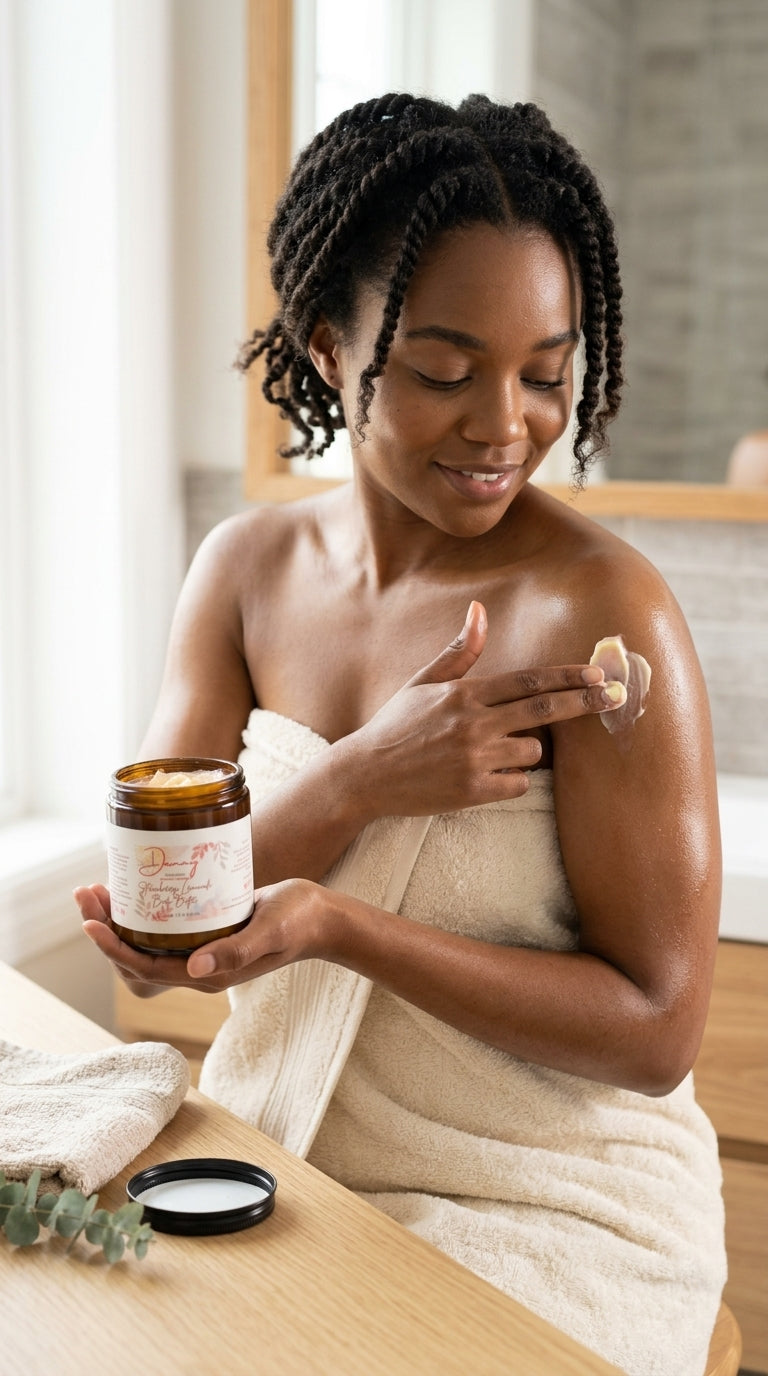 "Strawberry Lemonade Body Butter texture close-up nourishing skin care by Denny Cozmetics"