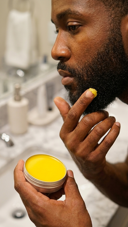 "Scotch Whiskey Beard Balm texture close-up moisturizing beard styling balm by Denny Cozmetics"