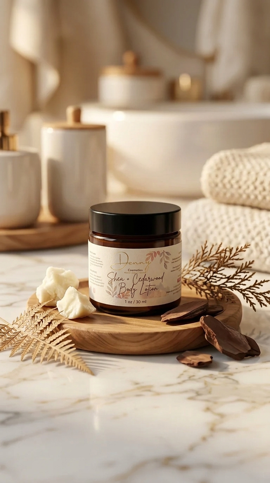 Denny Cozmetics Shea + Cedarwood Body Lotion 1oz sample jar on marble surface